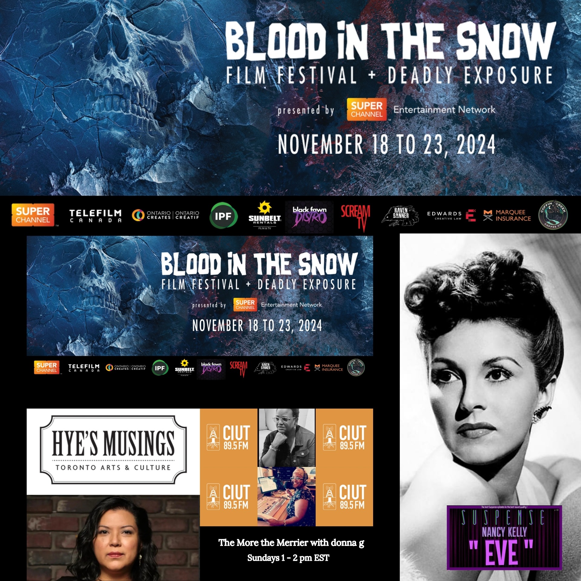tmtm 17nov24 Blood in the Snow Film Festival BITS w programmer HEIDY M + SUSPENSE! featuring Nancy Kelly as EVE