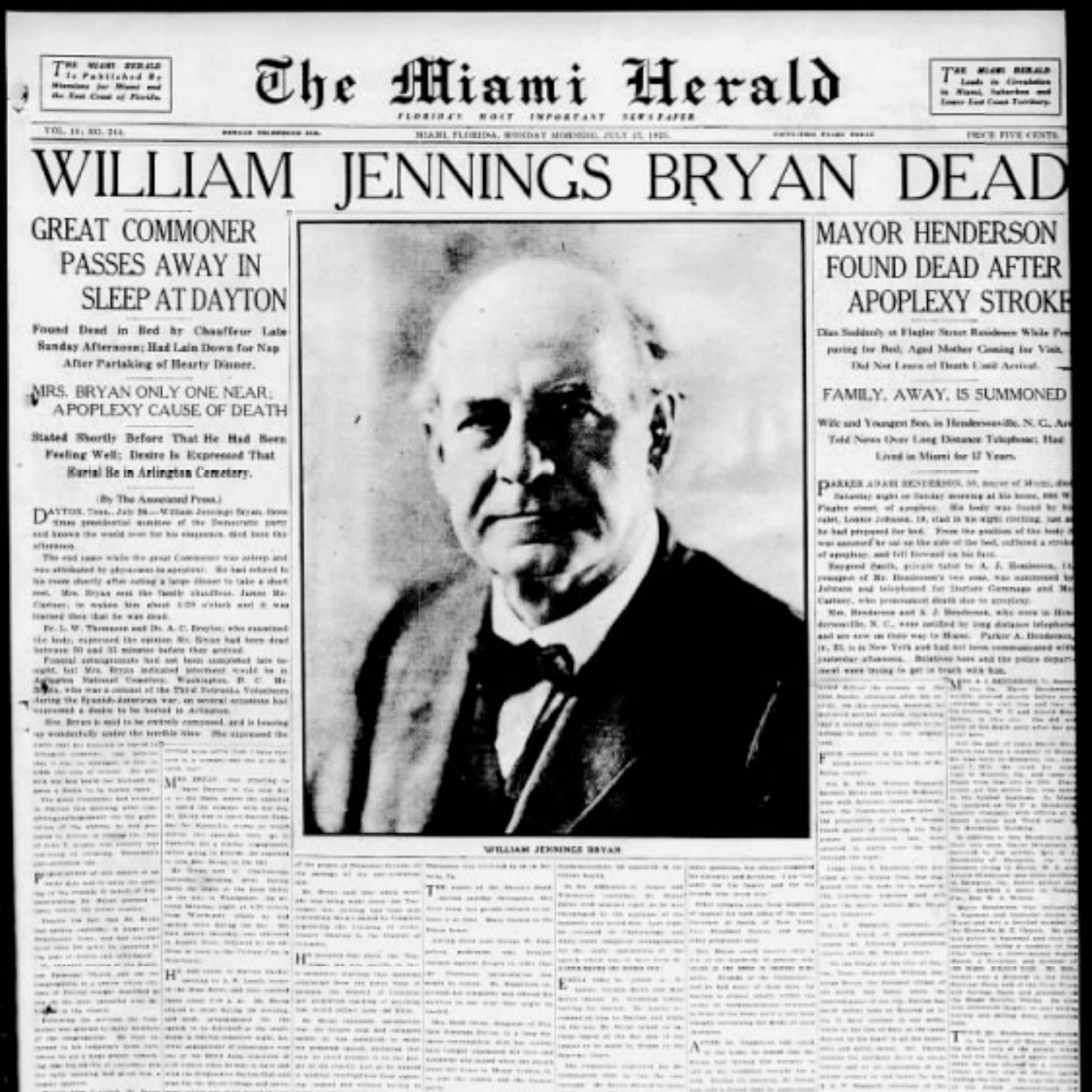 July 27, 1925: Death of Mayor P.A. Henderson, William Jennings Bryan share Miami's front pages episode artwork