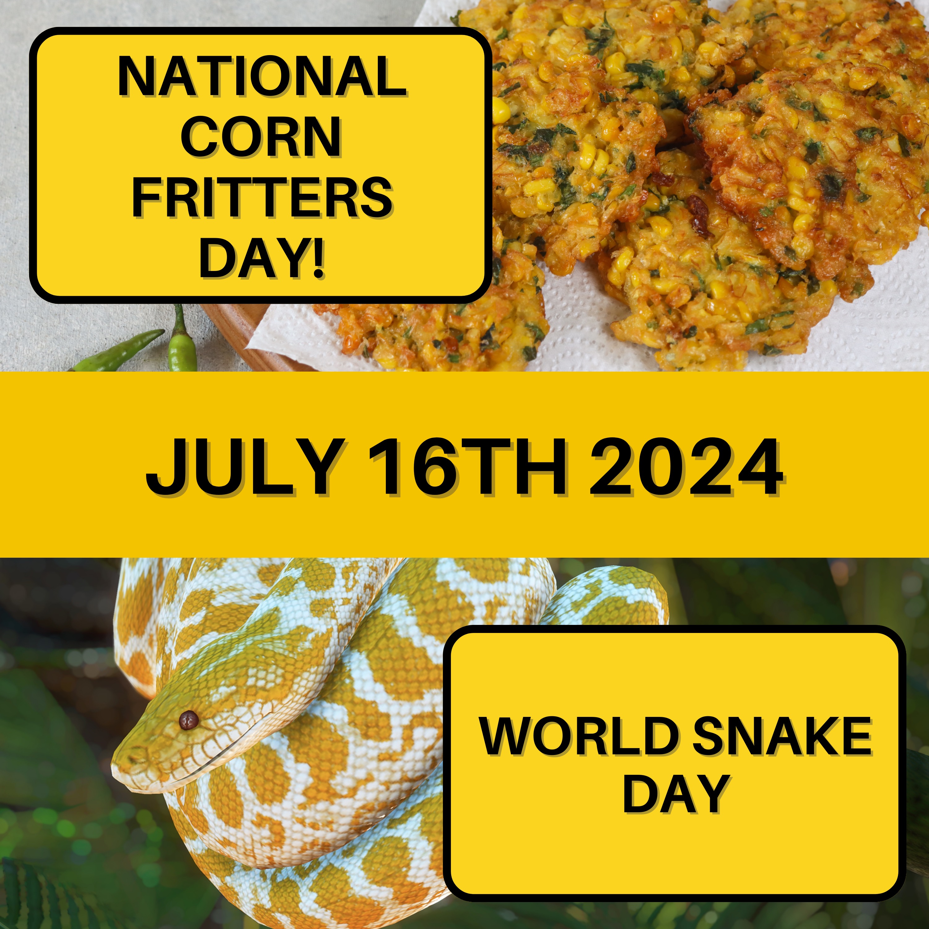 July 16, 2024 | Savory Bites and Slithering Sights: National Corn Fritters Day and World Snake Day