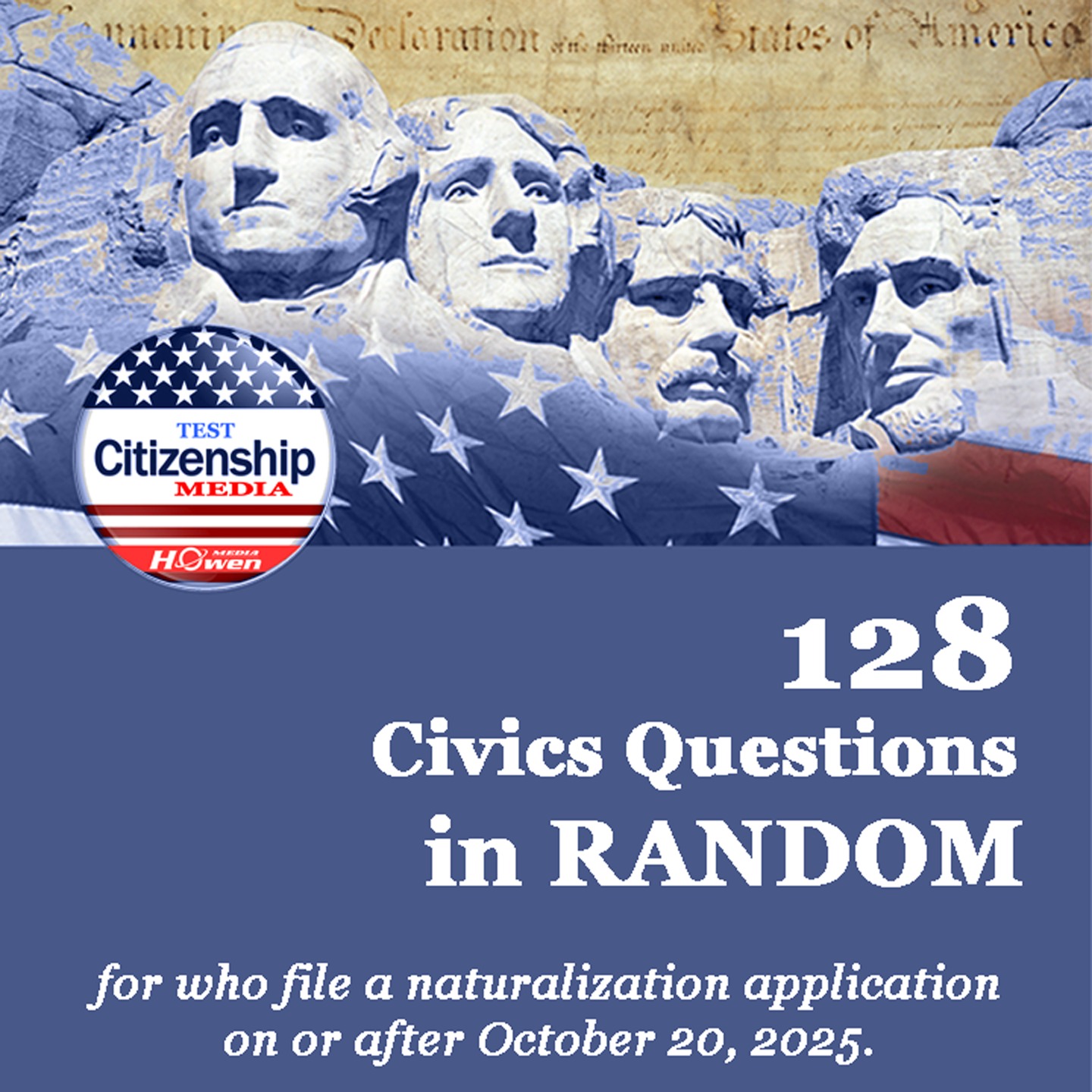 128 New Civics Questions in RANDOM (V128_RC01_VFF01) for U.S. Citizenship Test – Very Fast Female Voice, One Answer, Repetition