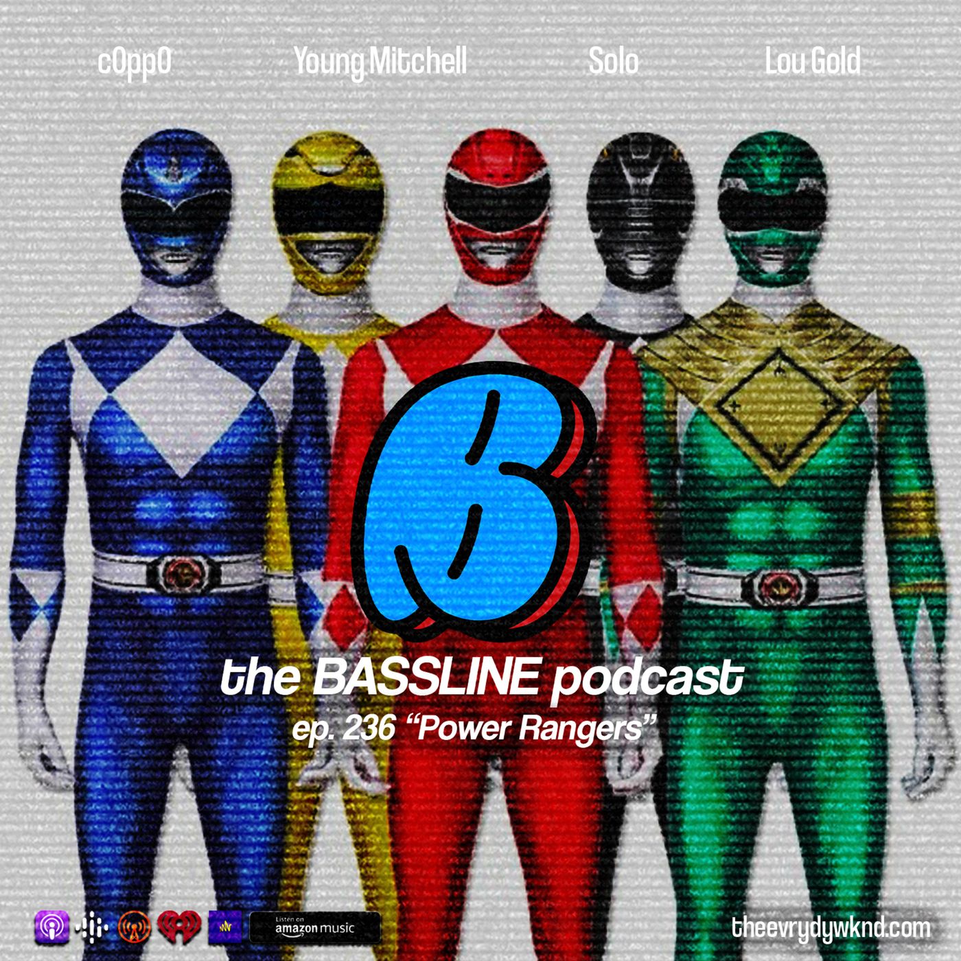 the BASSLINE podcast ep 236 "Power Rangers" episode artwork