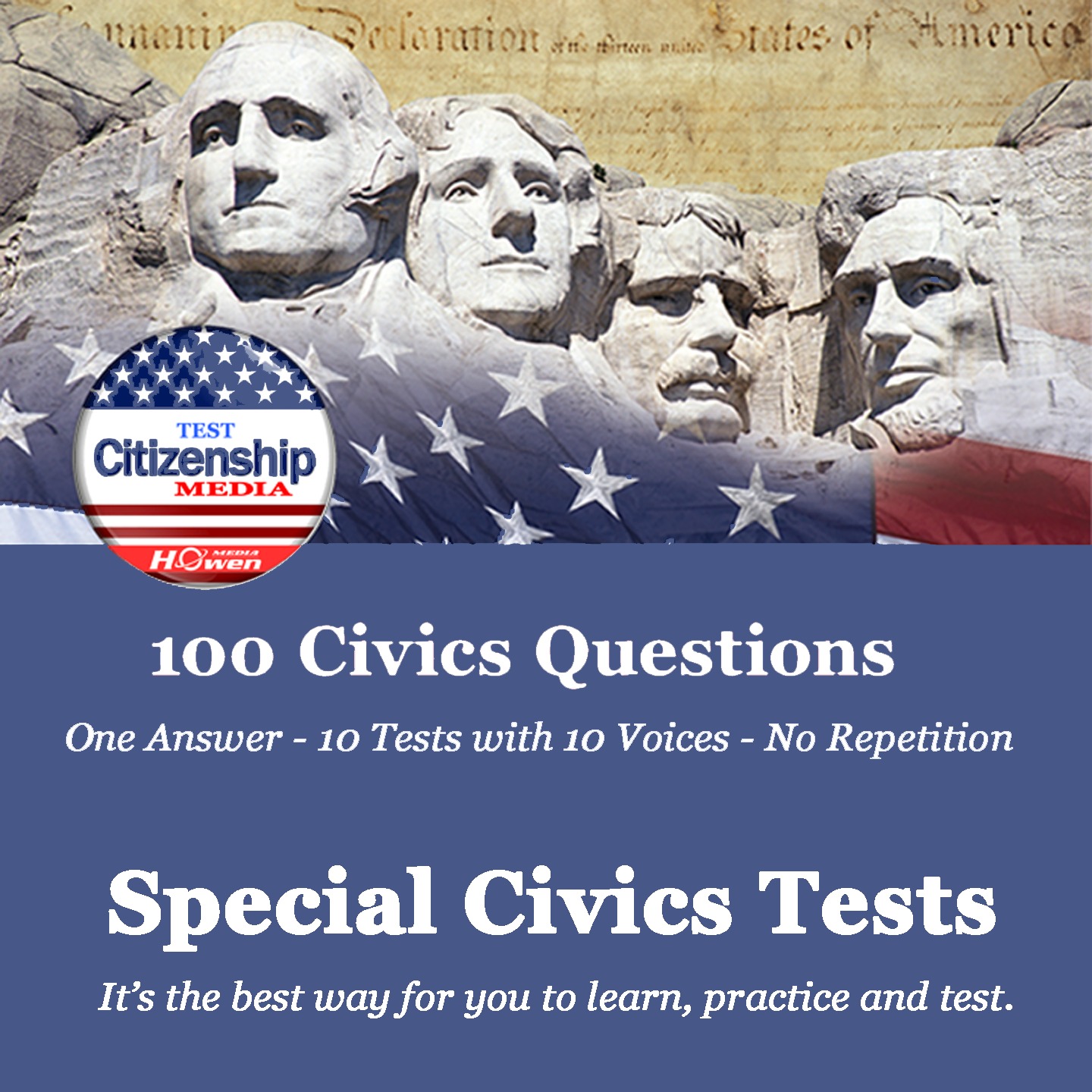 SPECIAL Civics Tests (0010231) – 100 Questions for U.S. Citizenship Test – 10 Tests with 10 Voices, Very Slow to Extremely Fast