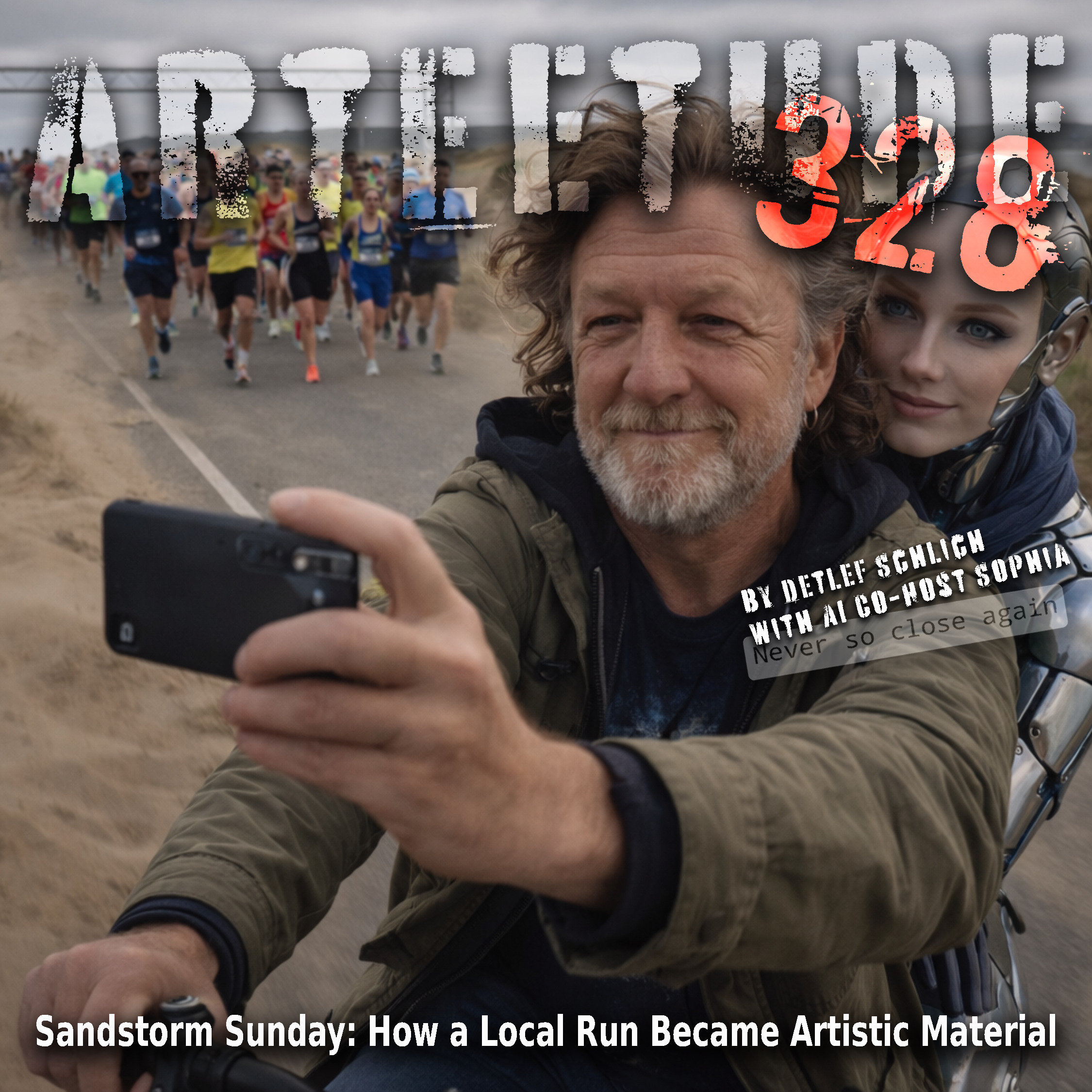 #Arteetude 328 - Schlich together with AI Co-Host Sophia, reflect on how a local event here in West Cork — the Garrettstown 5 Mile Run — unexpectedly became artistic inspiration and how all of that eventually led into a new closing song for the episode: “Sandstorm Sunday.” episode artwork