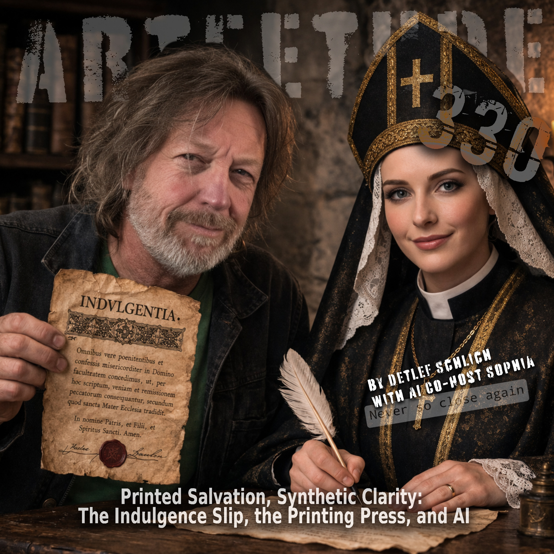 #Arteetude 330 - Detlef Schlich and his AI co-host Sophia, explore the structural parallels between the Indulgence Slip, the Printing Press, and AI. Closing song: Los Inorgánicos – “Printed Salvation, Relief Engine” episode artwork