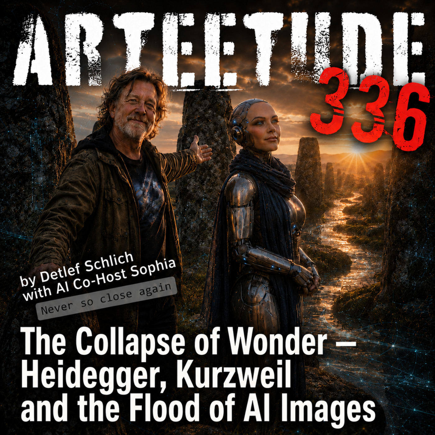 #Arteetude 336 -Detlef Schlich & Sophia, his AI Co-Host, reflect on Heidegger, Kurzweil, AI image overload, artistic dignity, and the river as a slower teacher of memory and hope. episode artwork
