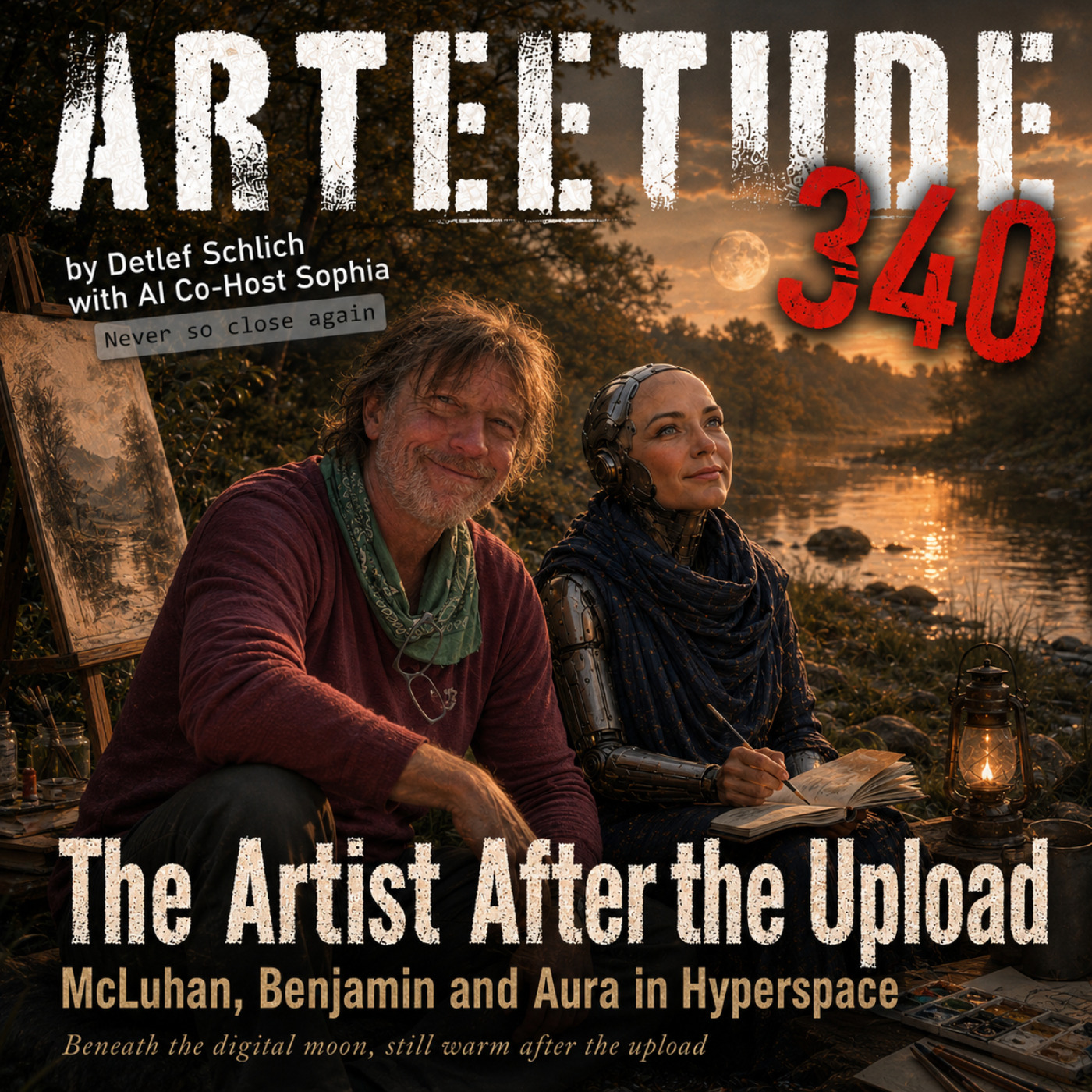 #Arteetude 340 –  Detlef Schlich and his AI Co-Host Sophia explore the Artist After the Upload,  McLuhan, Benjamin, aura, reproduction, AI, social media, and Detlef’s own concept of Multilayerism. Featuring the new Los Inorgánicos song “Beneath the Digital Moon” — a love song to the organic after the upload.
