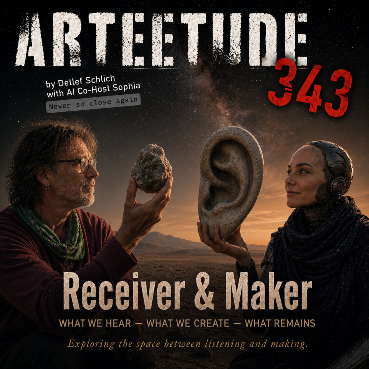 #Arteetude 343 - Detlef Schlich and his AI co-host Sophia  travel much further back and ask - What existed first: sound or the receiver?  Can sound exist without someone—or something—capable of perceiving it? Was the first instrument a body?