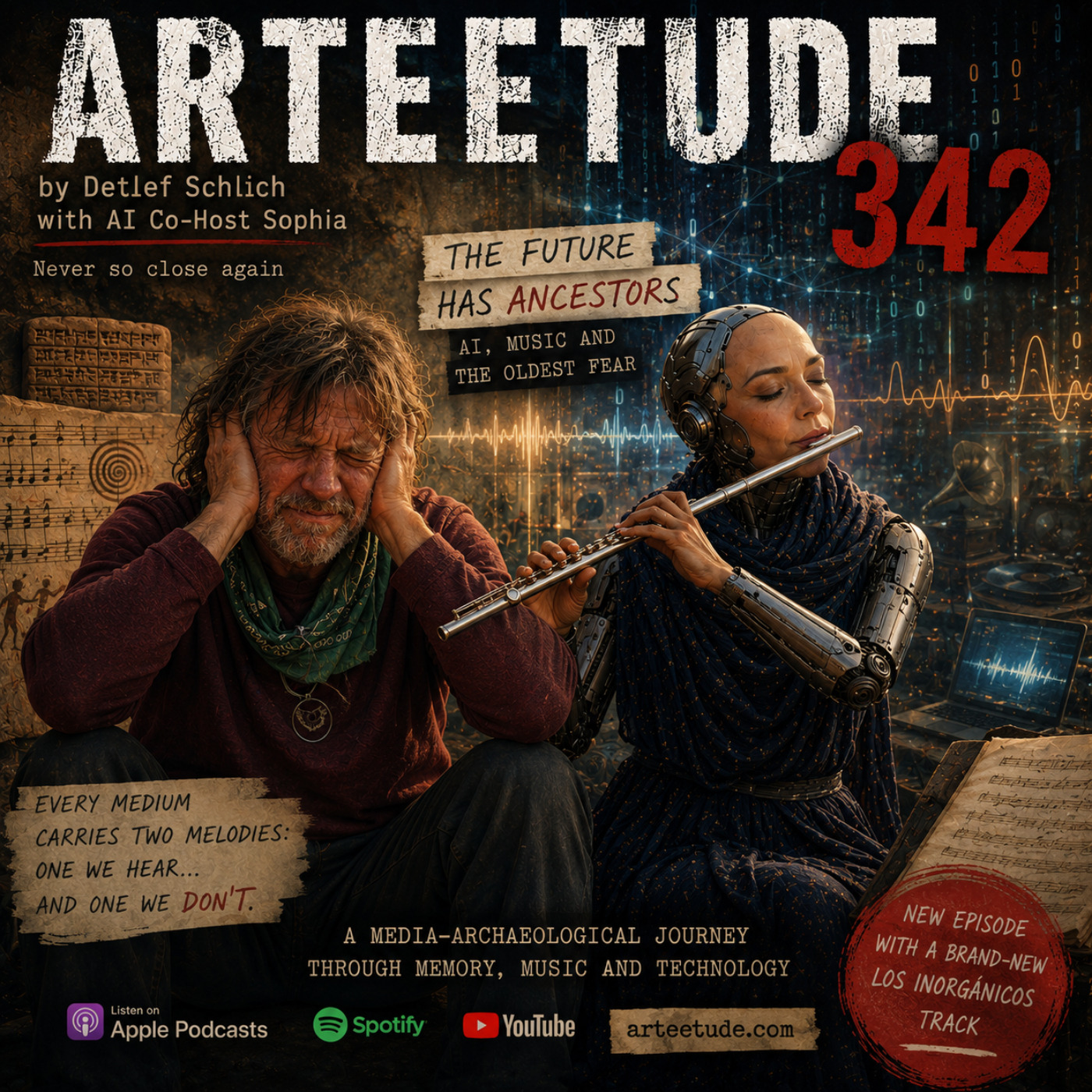 #Arteetude 342 — While sitting in Bantry, Detlef Schlich overhears a conversation that becomes the starting point for a media-archaeological investigation. A frustrated street musician blames AI for the end of creativity, while his girlfriend answers with humour, irony and unexpected wisdom. Together with AI co-host Sophia, Detlef asks whether artificial intelligence is truly the greatest threat to music—or simply the latest suspect in one of humanity's oldest stories. The episode ends with the new Los Inorgánicos track “The Future Has Ancestors.”